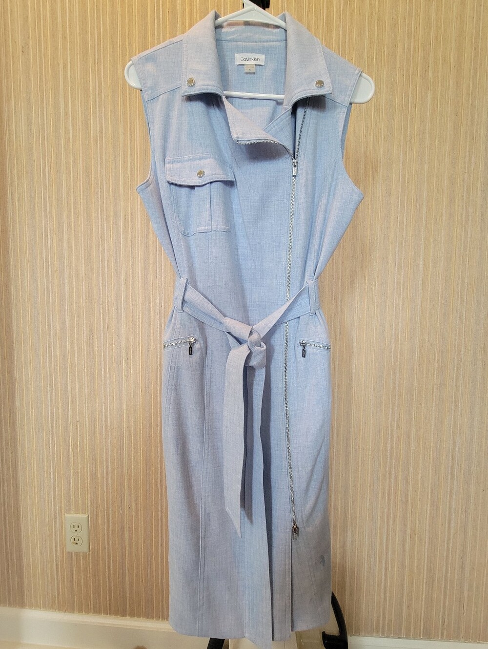 Calvin Klein Zip-Front Regatta  Blue Moto Style Wrap Belted Zipper Dress Size10